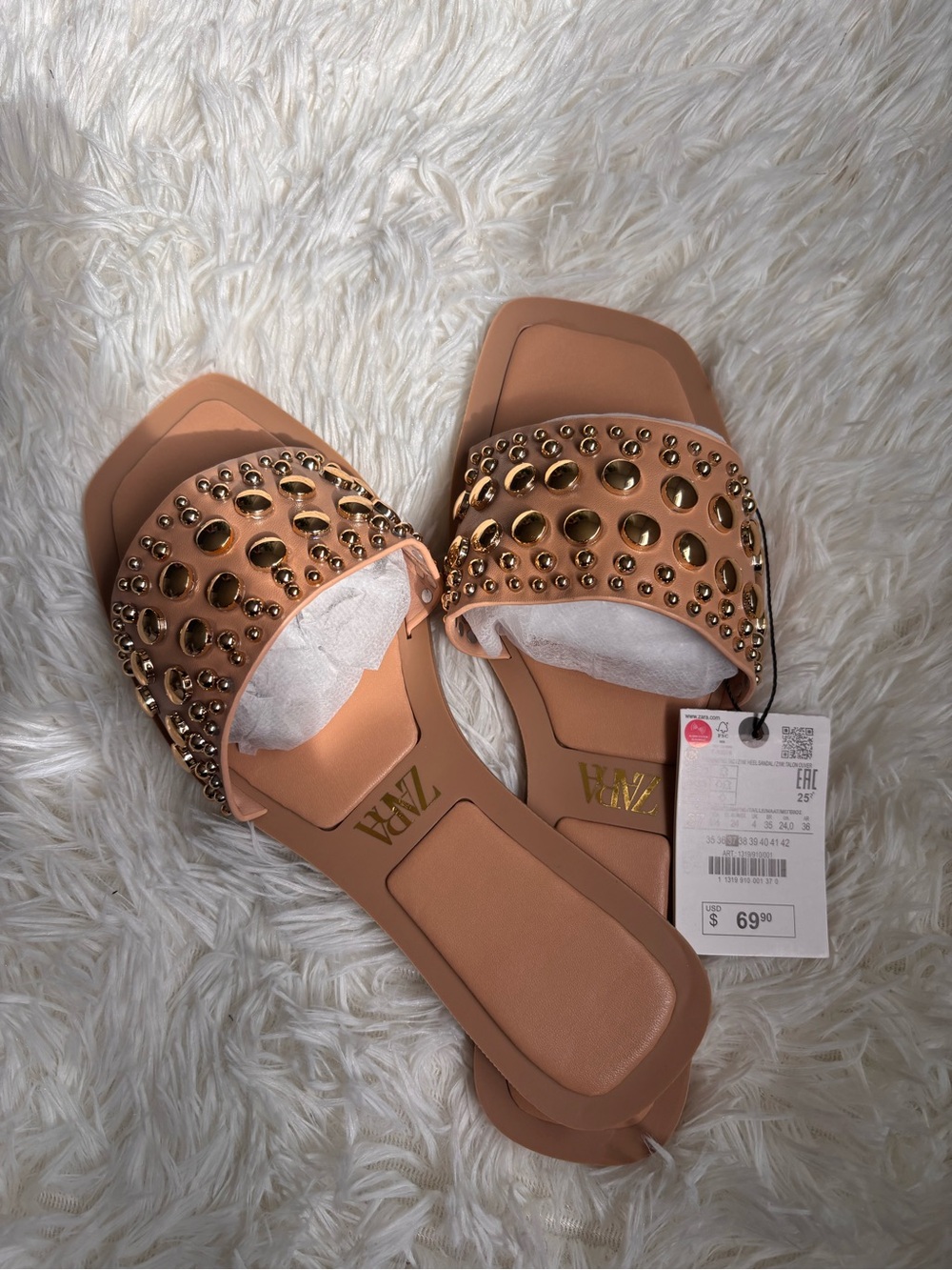 Zara Peach-Tan Slide Sandals with Gold Stud Accents